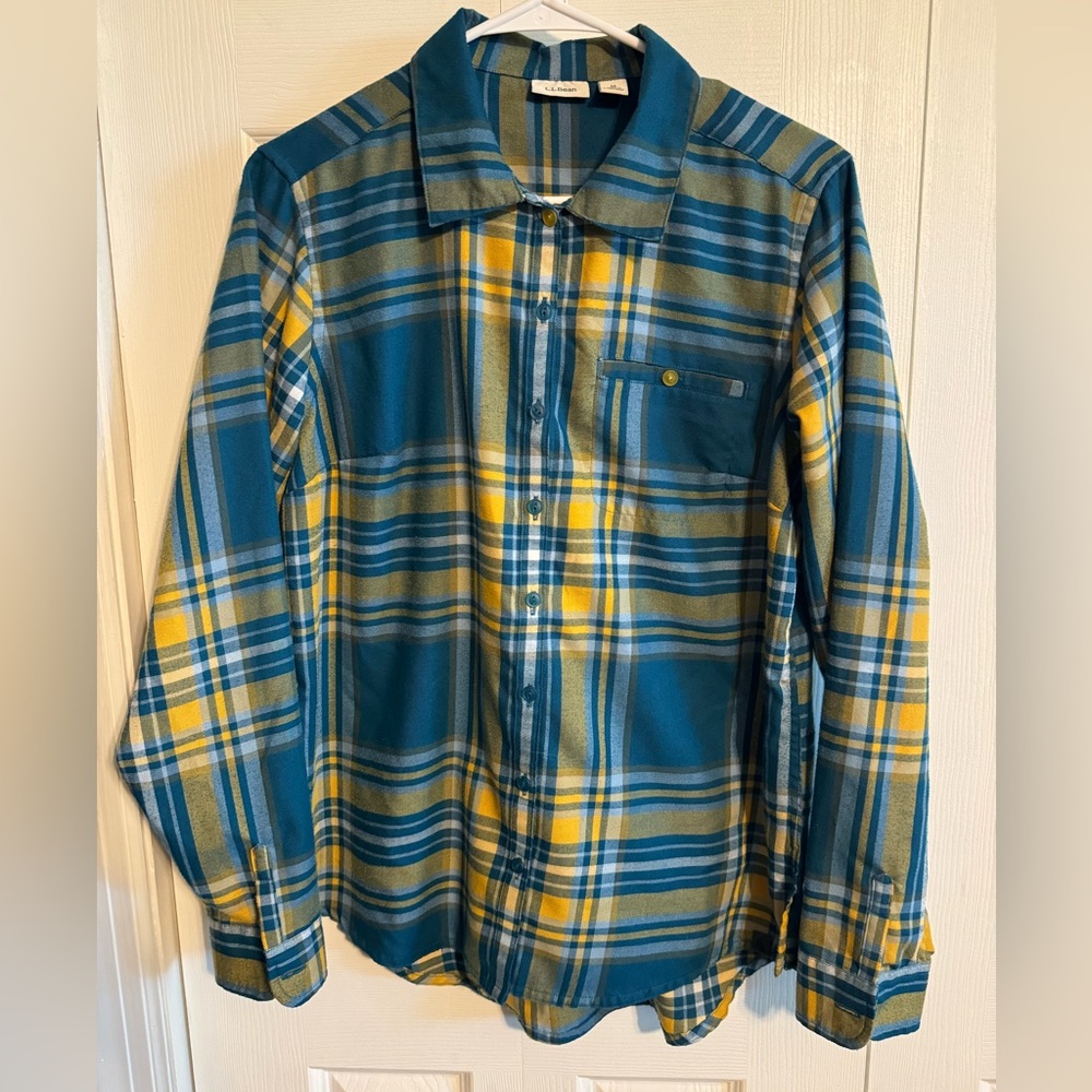 L.L. Bean Teal Blue and Yellow Plaid Button-Down Shirt